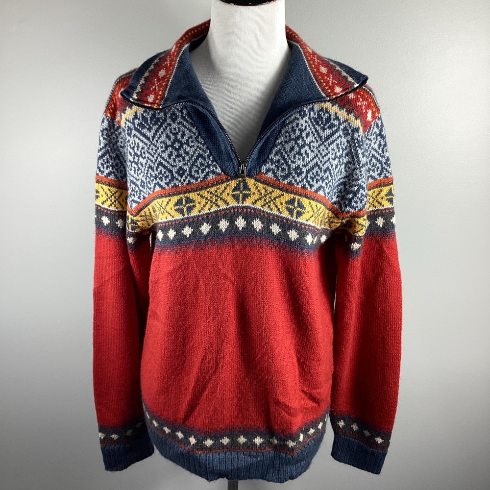 Artesania Alpaca Blend Nordic Fair Isle‎ Sweater Women’s Large 1/4 Zip Ski Red